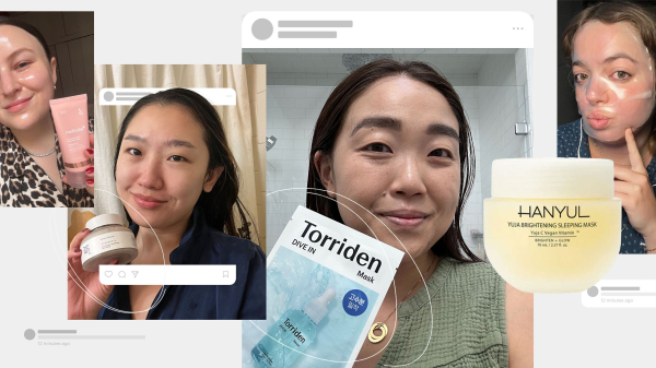 Image contains a collage of Allure editors with their favorite Korean face masks