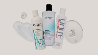 Image contains a collage of clarifying shampoos on a gray background