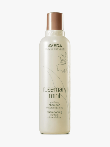 Aveda Rosemary Mint Purifying Shampoo in branded component on a light gray background