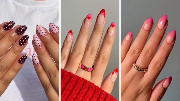 Three side by side images of pink manicures